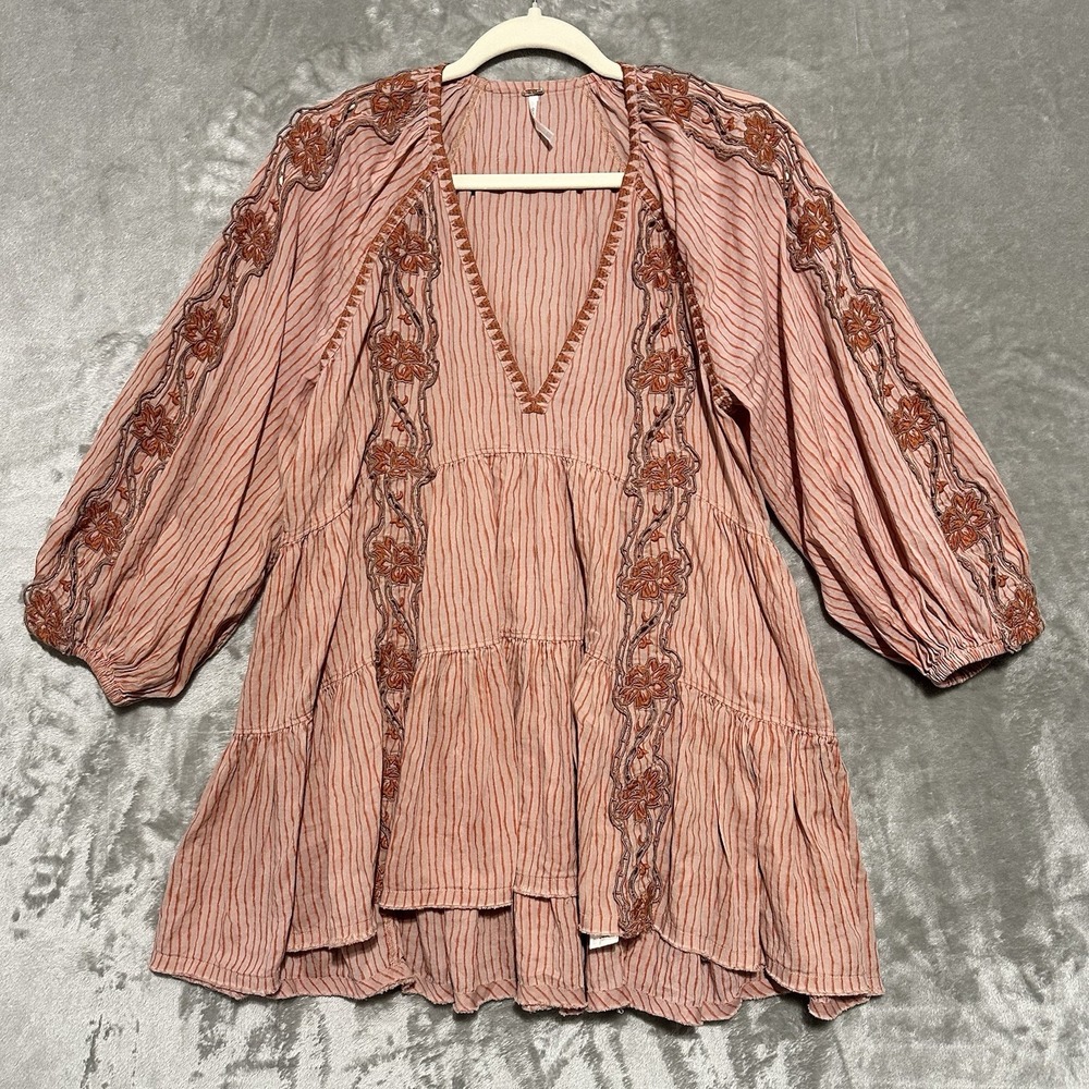 Free People Tunic Boho Floral Embroidered Top XSmall Oversized Cottagecore Folk